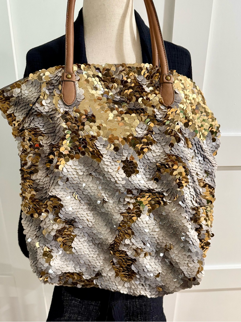 Anthro Miss Albright Reversible Sequin Tote Gold Silver Leather Strap